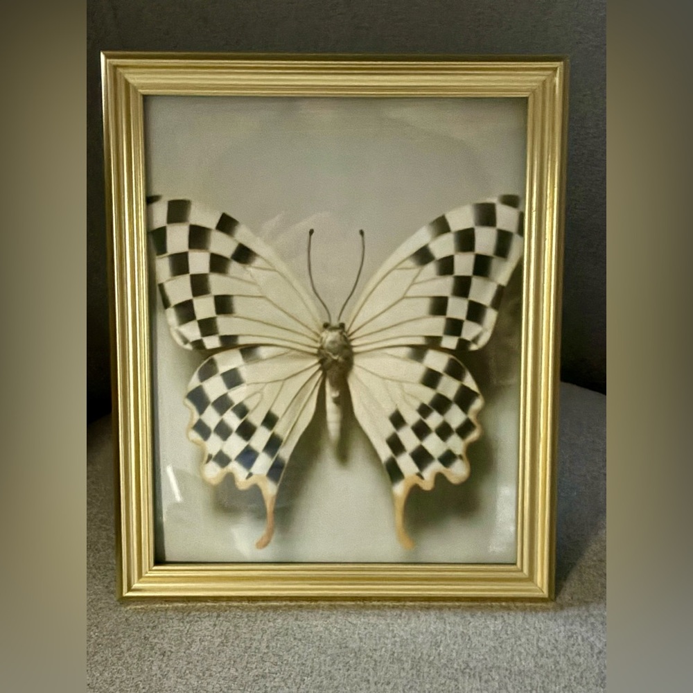 White and black checkered butterfly framed print 8x10 Mackenzie Childs Type